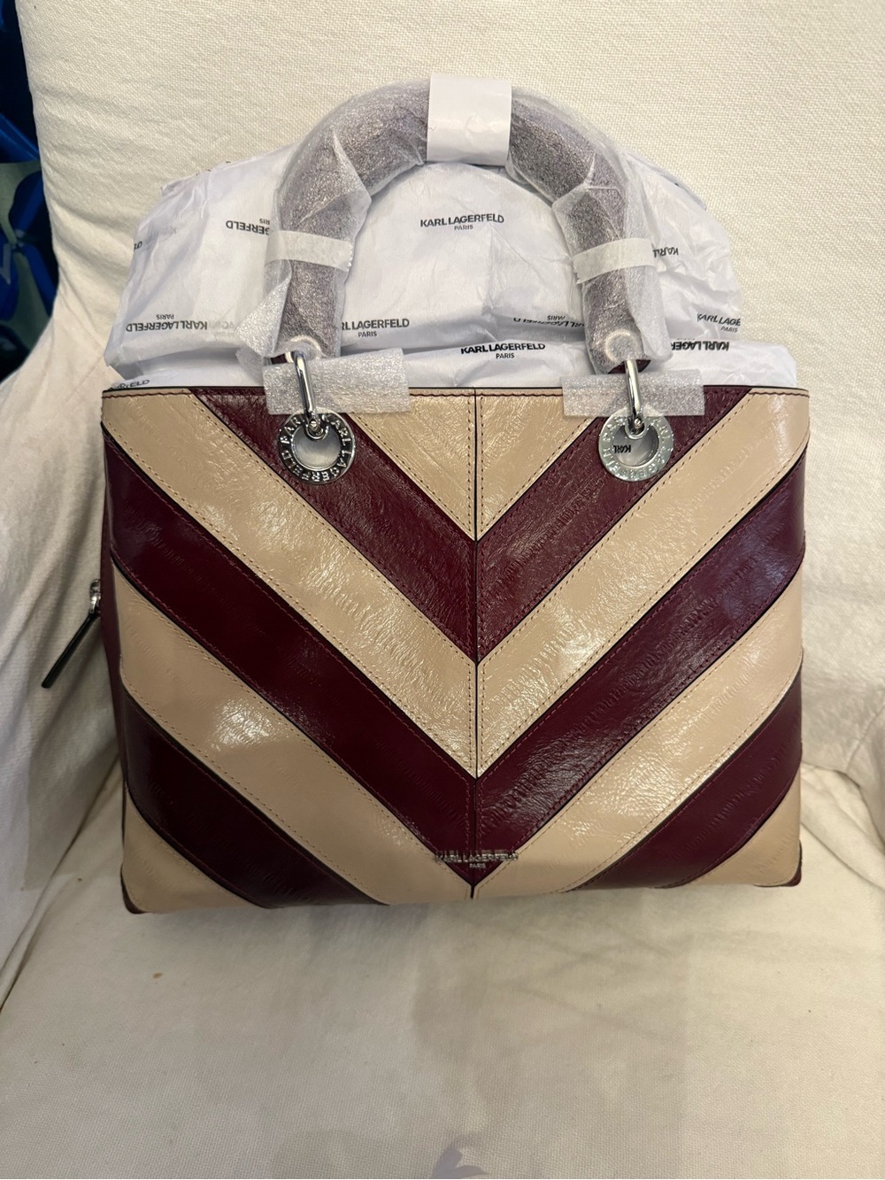 NWT 🛑Karl Lagerfeld Chevron Patent Satchel - Beige & Burgundy🛑